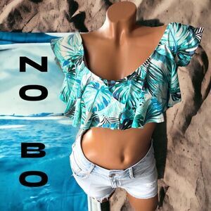 No Bo l O-T-S Bathing Suit, Bikini Top l Blue / White l L l Ruffle l Lined l EUC